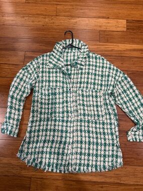 Green and White Tweed Button-Up Jacket